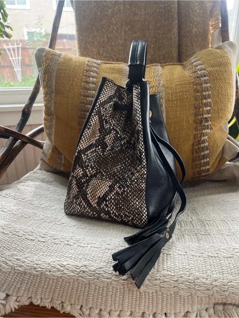 Black Italian Leather Drawstring Satchel with Snake-Print Panels